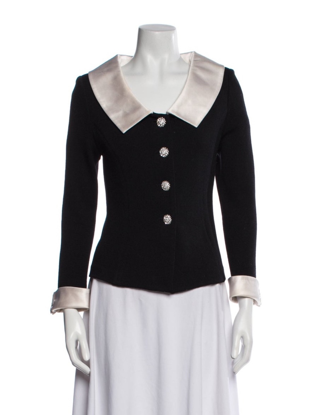 St. John Black Knit Jacket with Ivory Satin Collar